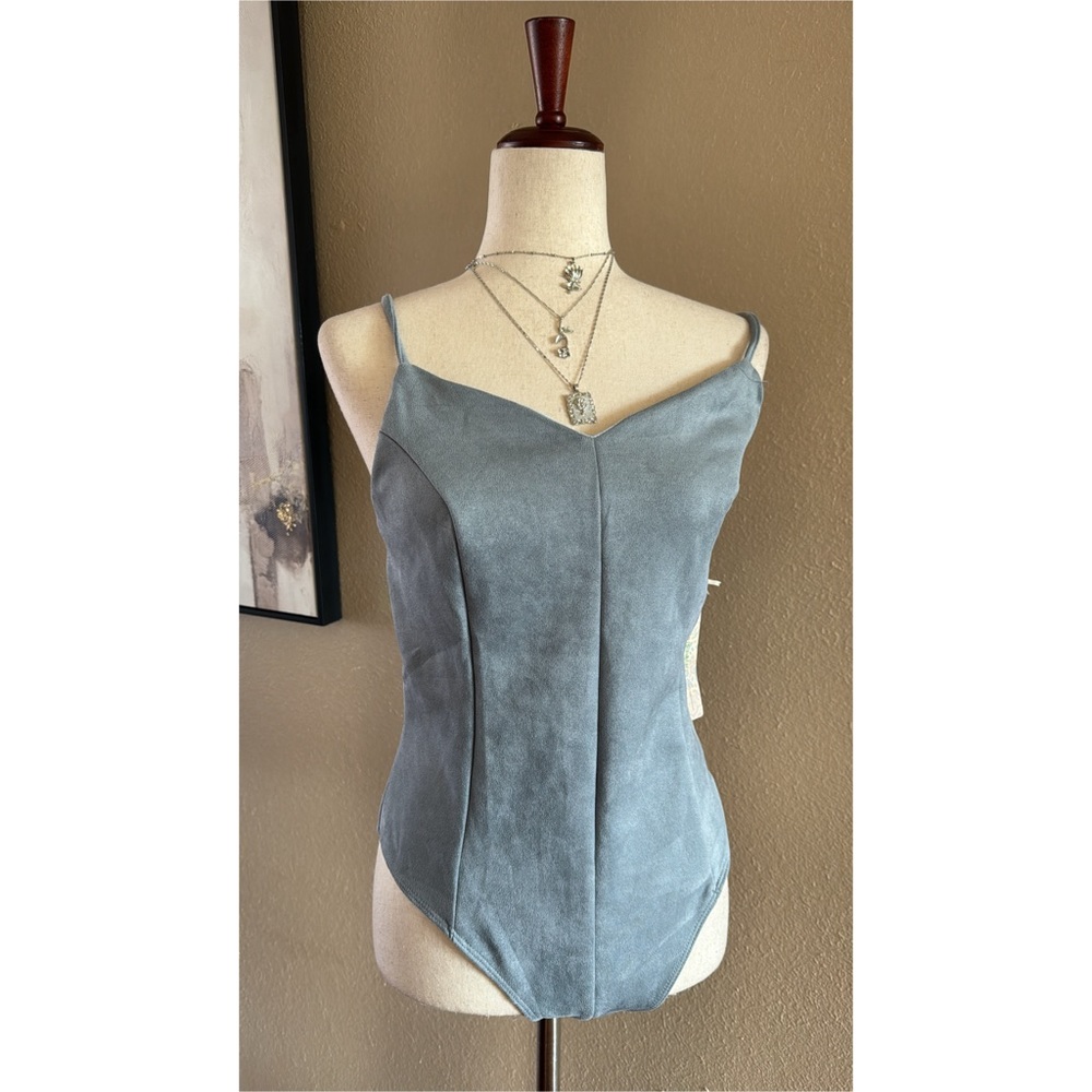 Faux suede bodysuit in denim blue - Picture 1 of 5